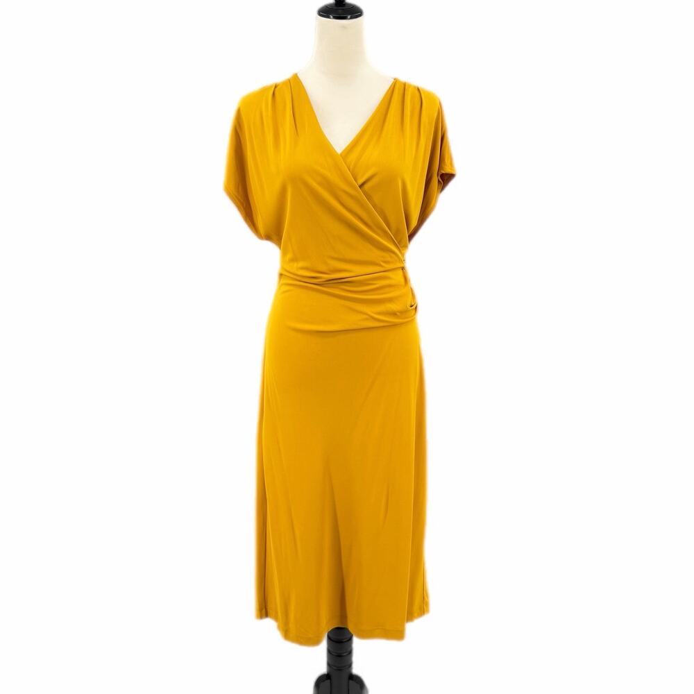 Banana Republic Mustard Yellow Draped Wrap Short Sleeve Jersey V-neck Dress